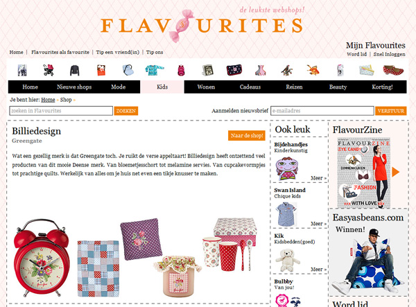 Flavourites vermelding webwinkel Billie Design