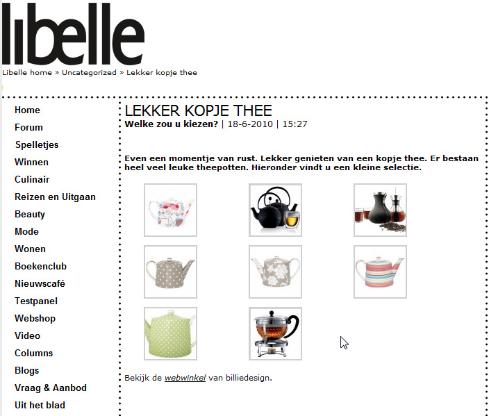 Libelle, lekker kopje thee, theepotten